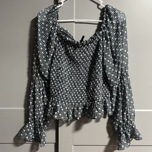 Vero Moda Semi Sheer Long Sleeve Smocked Swiss Dot Plaid Top Blue Large